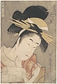 “Hanamurasaki of the Tamaya,” from the series Seven Komachi of the Pleasure Quarters (Seirō Nana Komachi), Kitagawa Utamaro  Japanese, Woodblock print; ink and color on paper, Japan