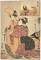 A Woman Dressing a Girl for a the Kabuki Dance “Musume Dojōji,” with “Brother Picture” (E-kyōdai) of a Monkey Trainer, Kitagawa Utamaro  Japanese, Woodblock print in the e-kyodai format; ink and color on paper, Japan