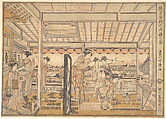 Picture of the Temporary Lodgings of the New Yoshiwara Pleasure Quarter at Ryōgoku (Shin Yoshiwara Karitaku Ryogoku no zu), Kitagawa Utamaro Japanese, Woodblock print; ink and color on paper, Japan
