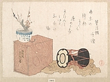 Still life: a drum and a bookcase for the Noh Dance, Kubo Shunman (?) Japanese, Woodblock print (surimono); ink and color on paper, Japan