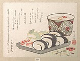 Sushi and New Year’s Sake, Ryūryūkyo Shinsai 柳々居辰斎 Japanese, Woodblock print (surimono); ink and color on paper; kokonotsugiriban, Japan