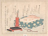 Writing Set and Poem Card Box (Shikishi-bako), from Spring Rain Surimono Album (Harusame surimono-jō), vol. 1, Ryūryūkyo Shinsai (Japanese, active ca. 1799–1823), Privately published woodblock prints (surimono) mounted in an album; ink and color on paper, Japan