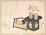 Sacred Wine Bottles and Yema (Sacred Picture for Dedication in the Temple), Katsushika Hokusen  Japanese, Woodblock print (surimono); ink and color on paper, Japan