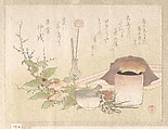 Set of Utensils for the Tea Ceremony, Kubo Shunman 窪俊満 Japanese, Woodblock print (surimono); ink and color on paper, Japan