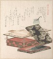 Table and Writing Set, Kubo Shunman  Japanese, Woodblock print (surimono); ink and color on paper, Japan
