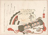 Fan, Bag and Incense-Tube, Ryūryūkyo Shinsai Japanese, Woodblock print (surimono); ink and color on paper, Japan