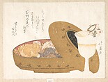 Wine Goblet and Lacquer Food Box with New Year’s Meal, Totoya Hokkei Japanese, Woodblock print (surimono); ink and color on paper, Japan