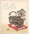 New Year Decorations and Tablewares, Ryūryūkyo Shinsai Japanese, Woodblock print (surimono); ink and color on paper, Japan