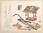 Instruments and Stand for Music, Ryūryūkyo Shinsai Japanese, Woodblock print (surimono); ink and color on paper, Japan