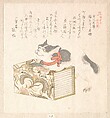 Spring Rain Collection (Harusame shū), vol. 1: “Books from Kanazawa Library” (Kanazawa Bunko) and “Foreign Cat of Shōmyōji Temple” (Shōmyōji no kara neko), from the series History of Kamakura (Kamakura shi)
, Kubo Shunman  Japanese, Privately published woodblock prints (surimono) mounted in an album; ink and color on paper, Japan