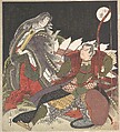 The Warrior Miura-no-suke Confronting the Court Lady Tamamo-no-mae as She Turns into an Evil Fox with Nine Tails
, Yashima Gakutei Japanese, Woodblock print (surimono); ink and color on paper, Japan