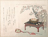 Peaches on a Table, Ryūryūkyo Shinsai Japanese, Woodblock print (surimono); ink and color on paper, Japan