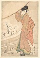 A Young Woman in a Snow Storm Carrying a Heavily Snow-Laden Umbrella, Utagawa Toyohiro  Japanese, Probably one sheet of a triptych of woodblock prints; ink and color on paper, Japan
