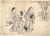A Courtesan Followed by Two Girl Attendants, Nishikawa Sukenobu  Japanese, Monochrome woodblock print; ink on paper, Japan