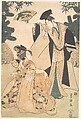 Young Lady with Drum and Man with Fan Saluting Her, Utagawa Toyokuni I  Japanese, Woodblock print; ink and color on paper, Japan