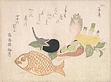 Papier-Mache Fish and Various Vegetables, Takashima Chiharu  Japanese, Woodblock print (surimono); ink and color on paper, Japan