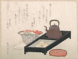 Utensils for Tea and a Cake-Bowl, Kikugawa Eizan Japanese, Woodblock print (surimono); ink and color on paper, Japan