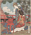 Lady with Fan Standing on Verandah, Yashima Gakutei Japanese, Woodblock print (surimono); ink and color on paper, Japan