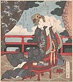 Lady Threading Needle on Verandah, Yashima Gakutei Japanese, Woodblock print (surimono); ink and color on paper, Japan