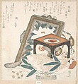 Sea Bream (Tai) on Nabeshima Porcelain Dish, Sake Cup on Stand, and Painting of a Peony, Ryūryūkyo Shinsai  Japanese, Woodblock print (surimono); ink and color on paper, Japan