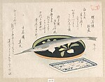 Halfbeak on a Lacquer Tray with Turnips and White Baits on a Porcelain Dish with Plum Blossoms on Broken Ice, Ryūryūkyo Shinsai  Japanese, Woodblock print (surimono); ink and color on paper, Japan