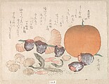 Orange, Dried Persimmons, Herring-Roe and Different Nuts; Food Used for the Celebration of the New Year, Ryūryūkyo Shinsai  Japanese, Woodblock print (surimono); ink and color on paper, Japan