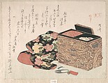Lady's Work-Box and Bed Clothing, Ryūryūkyo Shinsai  Japanese, Woodblock print (surimono); ink and color on paper, Japan