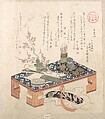 “Desk with Writing Set and Plum Flowers,” from the series Ise Calendars for the Asakusa Group (Asakusa-gawa Ise goyomi)
From the Spring Rain Collection (Harusame shū), vol. 2
, Kubo Shunman (?) Japanese, Woodblock print (surimono); ink and color on paper, Japan
