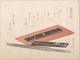 Knife and Two Knife Handles, Kubo Shunman  Japanese, Woodblock print (surimono); ink and color on paper, Japan