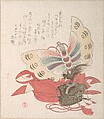 Spring Rain Collection (Harusame shū), vol. 2: Costume for the Butterfly Dance (Kochō no mai), Kubo Shunman  Japanese, Privately published woodblock prints (surimono) mounted in an album; ink and color on paper, Japan