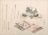 Spring Rain Collection (Harusame shū), vol. 2: Pine Shoots and Accoutrements for New Year’s Celebrations, Ryūryūkyo Shinsai  Japanese, Privately published woodblock prints (surimono) mounted in an album; ink and color on paper, Japan