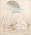 Rabbit in the Snow beneath the Moon 月下の兎, Katsushika Hokushū 葛飾北秀  Japanese, Woodblock print (surimono); ink, color, and metallic pigments on paper, Japan
