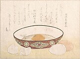 Flat Bowl with Eggs, Unidentified artist, Woodblock print (surimono); ink and color on paper, Japan