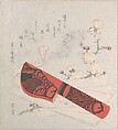 Plum Blossoms, Cut Paper and a Knife in Sheath, Uematsu Tōshū Japanese, Woodblock print (surimono); ink and color on paper, Japan