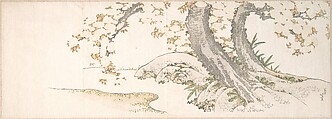 Blossoming Cherry Trees by a Stream, Katsushika Hokusai Japanese, Woodblock print (surimono); ink and color on paper, Japan