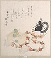 Young Pine Trees on a Stand and a Ceremonial Crown with Long Hangings, Unidentified artist, Woodblock print (surimono); ink and color on paper, Japan