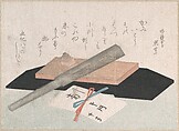 A Whetstone with a Razor, and an Envelope for a Present, Unidentified artist, Woodblock print (surimono); ink and color on paper, Japan