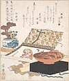 Kakemono of Monkey, Wine Cup and Potted Plants, Keisai Eisen  Japanese, Woodblock print (surimono); ink and color on paper, Japan