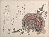 Helmet and Plum Blossoms, Totoya Hokkei  Japanese, Woodblock print (surimono); ink and color on paper, Japan