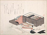 Box with Draperies, Ryūryūkyo Shinsai Japanese, Woodblock print (surimono); ink and color on paper, Japan