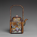Wine pot with figures in a landscape, Gold lacquer over pewter, inlaid with mother-of-pearl, China