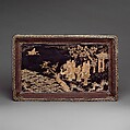 Tray with Daoist figures
, Black lacquer with mother-of-pearl inlay; basketry sides, China