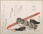 Sword, Shoes and a Scroll, Representing the Chinese Warrior Chōryō, Ryūryūkyo Shinsai  Japanese, Part of an album of woodblock prints (surimono); ink and color on paper, Japan