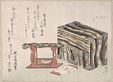 Small Cabinet and Sword Stand, Ryūryūkyo Shinsai  Japanese, Part of an album of woodblock prints (surimono); ink and color on paper, Japan