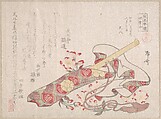 Shakuhachi, (a kind of bamboo flute), with Its Cover and Cherry Flowers, Ryūryūkyo Shinsai  Japanese, Part of an album of woodblock prints (surimono); ink and color on paper, Japan