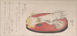 Malted Beans and Clams on a Red Tray, Hōyū (?) Japanese, Part of an album of woodblock prints (surimono); ink and color on paper, Japan