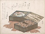 Cakes In a Box with Wrapping Cloth, Ryūryūkyo Shinsai  Japanese, Part of an album of woodblock prints (surimono); ink and color on paper, Japan