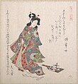 Girl and a Hagoita (Japanese Battledore and Shuttlecock), Kubo Shunman (?) Japanese, Part of an album of woodblock prints (surimono); ink and color on paper, Japan