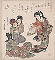 Three Girls Singing and Dancing, Kubo Shunman (?) Japanese, Part of an album of woodblock prints (surimono); ink and color on paper, Japan