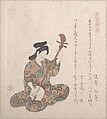 Woman Playing on the Shamisen, Kubo Shunman (?) Japanese, Part of an album of woodblock prints (surimono); ink and color on paper, Japan